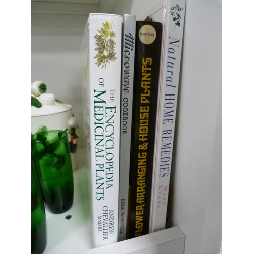 95 - Cookery books, frosted glass cups and saucers, green glass tumblers, biscuit box and cover, Grindley... 