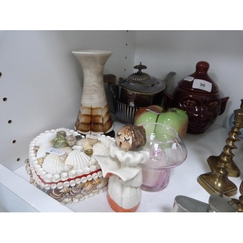 96 - Novelty jar and cover, sugar dispenser modelled as an apple, four sundae dishes, china plates, novel... 