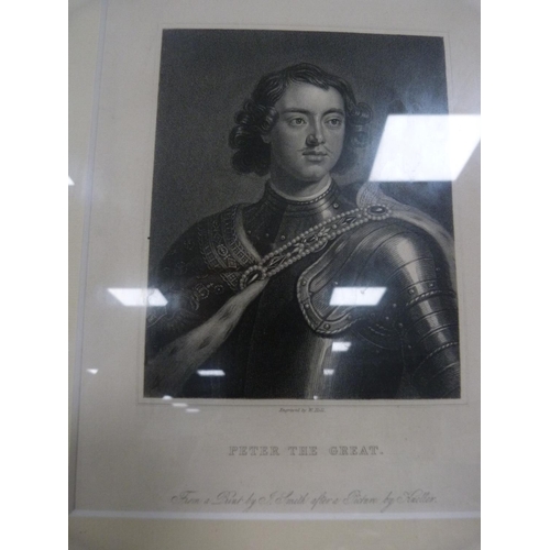 98 - Set of ten prints depicting portraits including Peter the Great, Rembrandt, Lord Palmerston, Cortez,... 