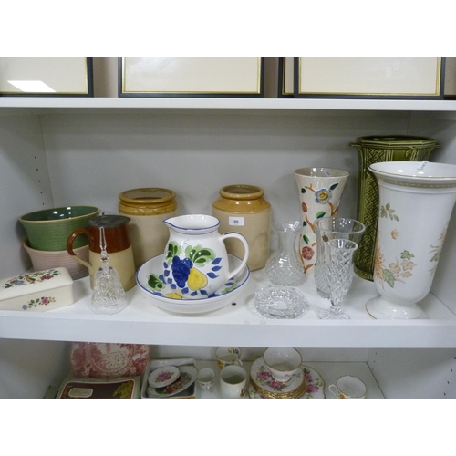 99 - Stoneware jars, pewter lidded jug, crystal bell, crystal ashtray, two vases, glazed pottery vase, Ar... 