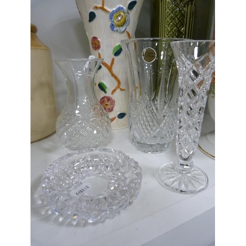 99 - Stoneware jars, pewter lidded jug, crystal bell, crystal ashtray, two vases, glazed pottery vase, Ar... 