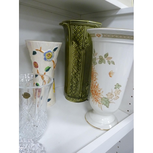 99 - Stoneware jars, pewter lidded jug, crystal bell, crystal ashtray, two vases, glazed pottery vase, Ar... 