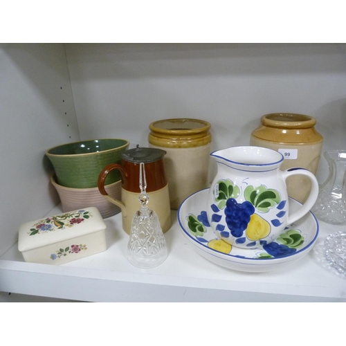 99 - Stoneware jars, pewter lidded jug, crystal bell, crystal ashtray, two vases, glazed pottery vase, Ar... 