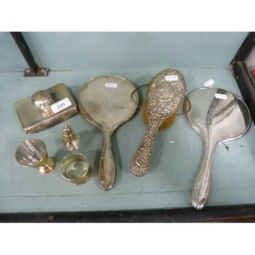225 - Silver blotter, egg cup, pepper pot, napkin ring, two silver-backed mirrors (both monogrammed), silv... 