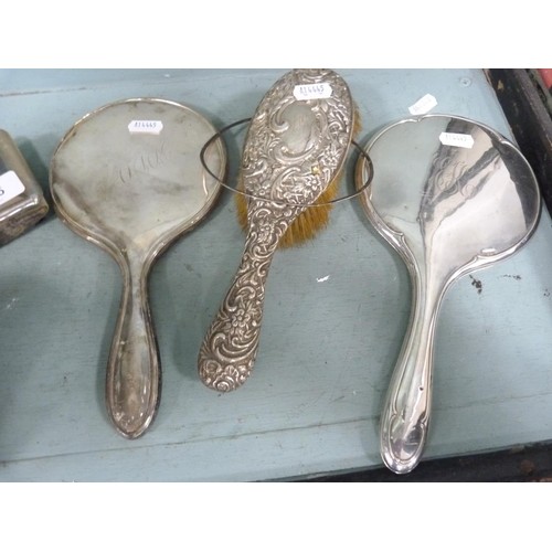 225 - Silver blotter, egg cup, pepper pot, napkin ring, two silver-backed mirrors (both monogrammed), silv... 