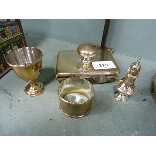 225 - Silver blotter, egg cup, pepper pot, napkin ring, two silver-backed mirrors (both monogrammed), silv... 