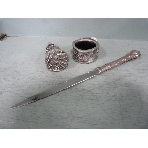 227 - Candle snuffer with silver handle, letter knife, bottle stopper etc.&nbsp; (4)