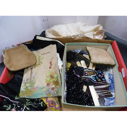 235 - Silk shawl, handkerchiefs, silk hat, purse with clip, beaded items, jet-coloured items, badge, small... 