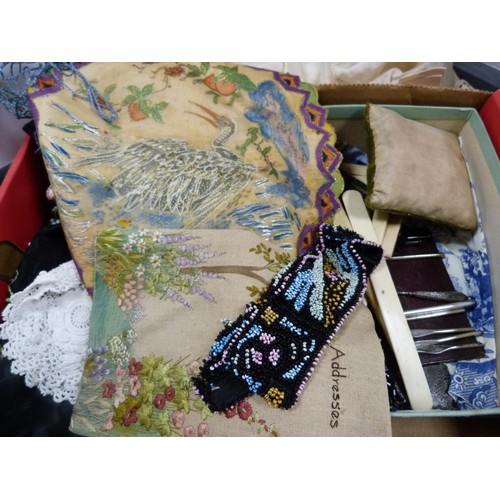 235 - Silk shawl, handkerchiefs, silk hat, purse with clip, beaded items, jet-coloured items, badge, small... 