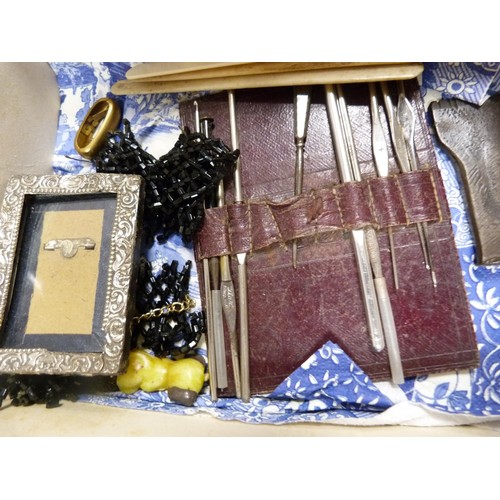 235 - Silk shawl, handkerchiefs, silk hat, purse with clip, beaded items, jet-coloured items, badge, small... 