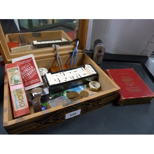 239 - Vintage gent's wristwatch, dominoes, brass pill box, coins, Hohner Echo harmonica, playing cards, si... 