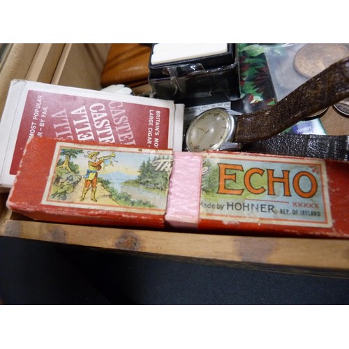 239 - Vintage gent's wristwatch, dominoes, brass pill box, coins, Hohner Echo harmonica, playing cards, si... 