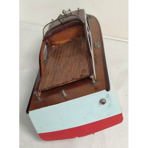 56 - Vintage wooden painted model boat with electric motor.