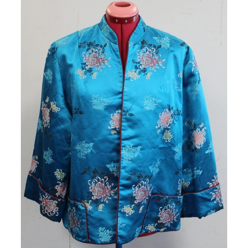 463 - Vintage Chinese lady's jacket in turquoise floral brocade with red piping, retailed by Debenham and ... 