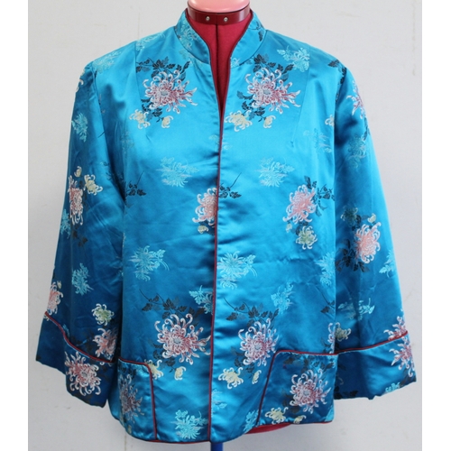 463 - Vintage Chinese lady's jacket in turquoise floral brocade with red piping, retailed by Debenham and ... 