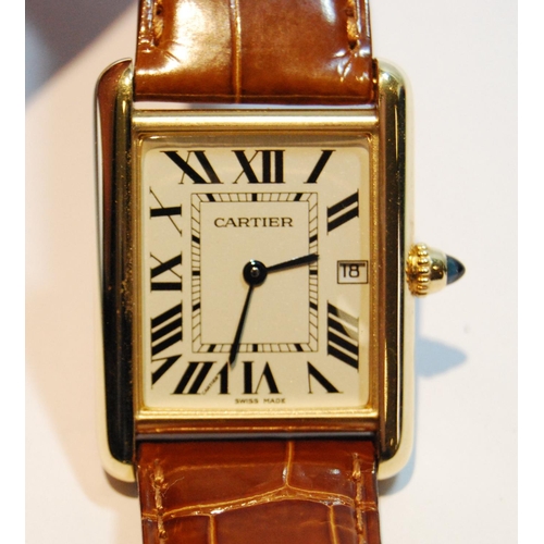127 - Cartier 18ct gold Tank wristwatch, quartz, with date, 460442WX 2441, on strap with Cartier 18ct gold... 