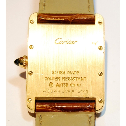127 - Cartier 18ct gold Tank wristwatch, quartz, with date, 460442WX 2441, on strap with Cartier 18ct gold... 