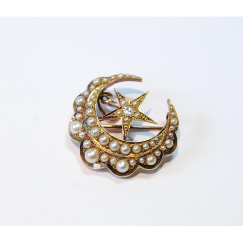 133 - Victorian gold star and crescent brooch/pendant with  diamond brilliant and pearls, '18ct', 6g.