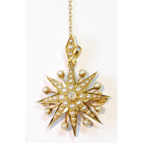 134 - Victorian gold star brooch/pendant with diamond brilliant and pearls, 4.8g.