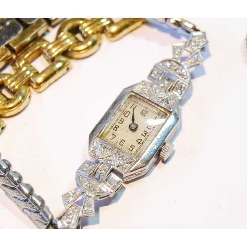 138 - Lady's diamond and platinum evening watch, now quartz, on steel bracelet, a cameo brooch in 9ct gold... 