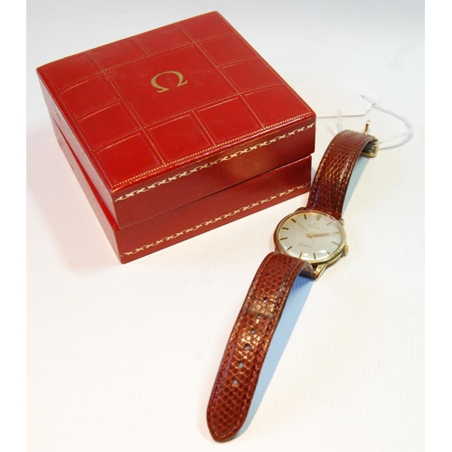 139 - Gent's Omega 9ct gold wristwatch, ref 600, no. 18610049196, on strap with Omega buckle, and the box.