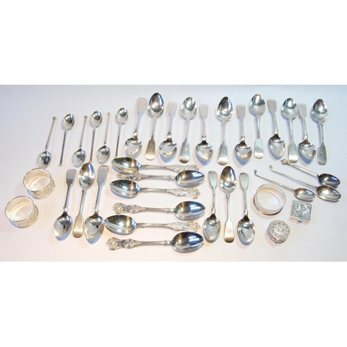 144 - Set of six Queen's pattern silver teaspoons, Glasgow 1871, various others, napkin rings and other it... 