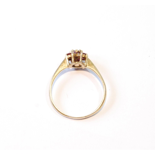 146 - Garnet cluster ring in 9ct gold, and a metal albert chain.  (2)