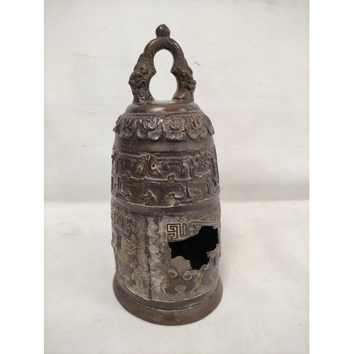 136 - Chinese Qing dynasty bronze temple bell cast in archaic style, 29cm high.