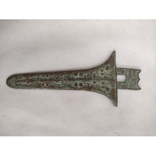 142 - Early Chinese bronze halberd and a bronze ceremonial sword blade.  (2).