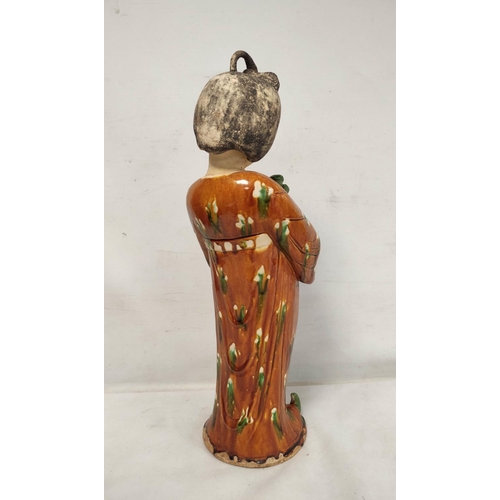 151 - Large Chinese sancai pottery figure of a Tang dynasty court lady with lapdog, 64cm high.