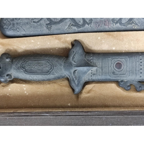 158 - Rare Chinese ink blocks in the form of a pair of swords, fitted box. Late Qing, early 20th century. ... 