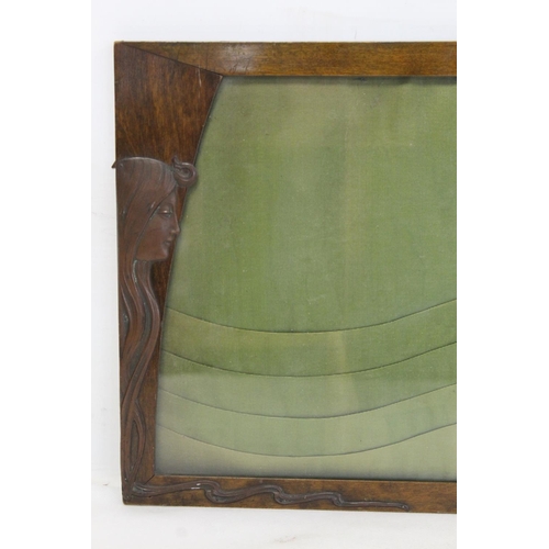 312 - Art Nouveau stained beech rectangular photo frame with applied copper profile of a maiden with long ... 