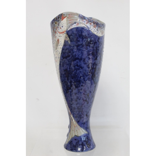 314 - Roger Cockram Devon studio pottery vase of twin handled tapered baluster form, decorated with leapin... 