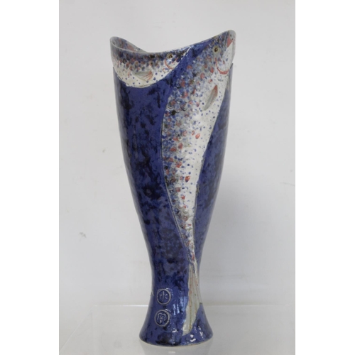 314 - Roger Cockram Devon studio pottery vase of twin handled tapered baluster form, decorated with leapin... 