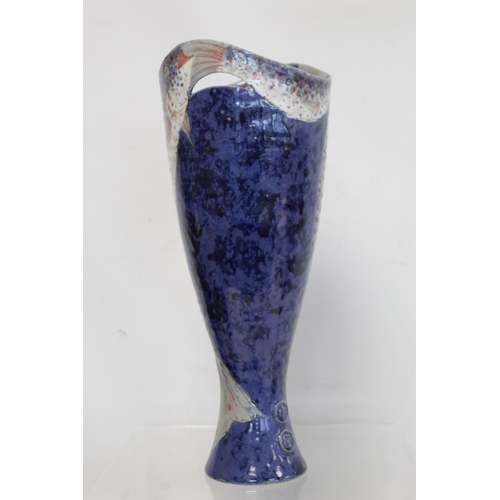 314 - Roger Cockram Devon studio pottery vase of twin handled tapered baluster form, decorated with leapin... 