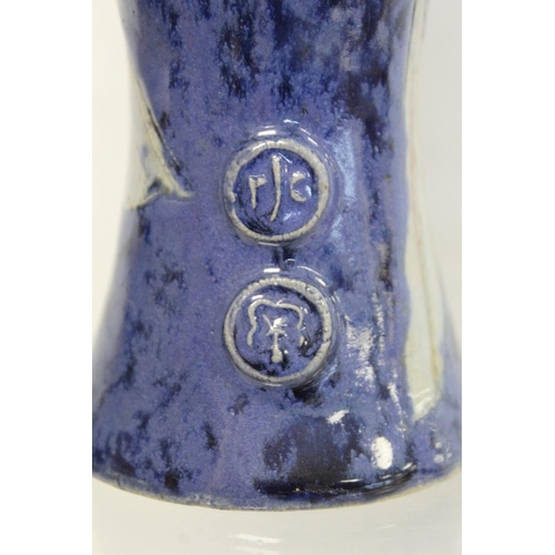 314 - Roger Cockram Devon studio pottery vase of twin handled tapered baluster form, decorated with leapin... 