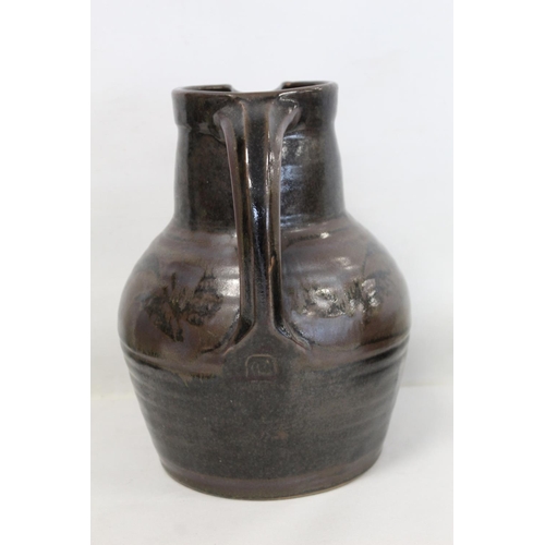 316 - Harry and May Davis Crowan Cornish studio pottery jug of baluster form with tenmoku glaze, with impr... 