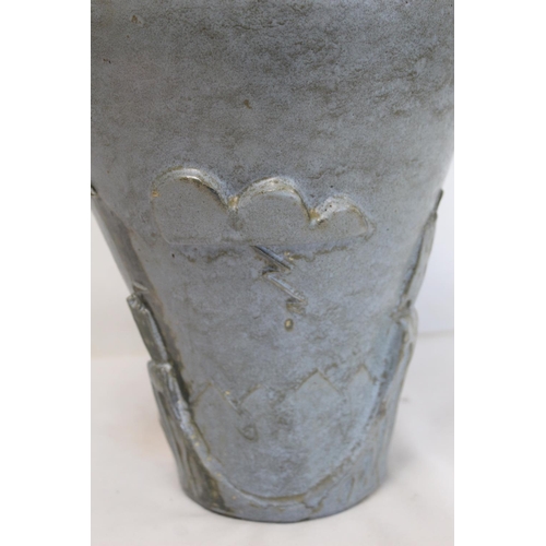 323 - Large studio pottery vase of baluster form, the shoulders surmounted by a dragon with long curling t... 