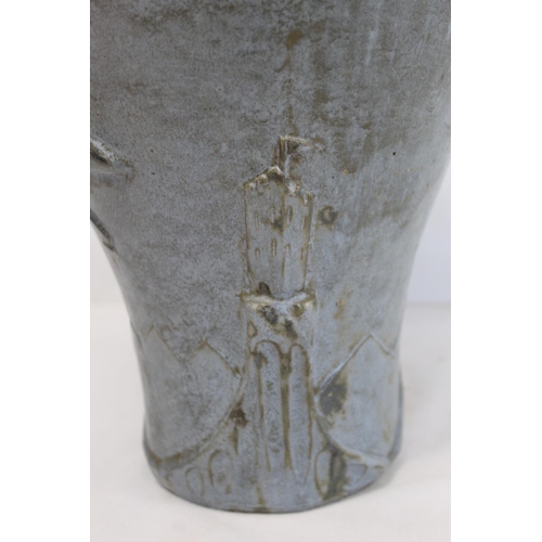 323 - Large studio pottery vase of baluster form, the shoulders surmounted by a dragon with long curling t... 