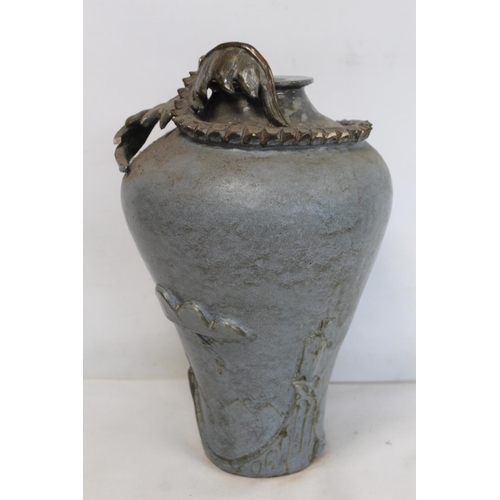 323 - Large studio pottery vase of baluster form, the shoulders surmounted by a dragon with long curling t... 