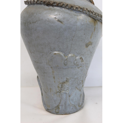 323 - Large studio pottery vase of baluster form, the shoulders surmounted by a dragon with long curling t... 