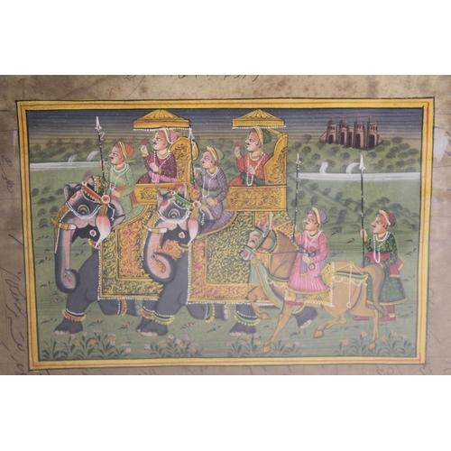 328 - MUGHAL SCHOOL. Courtly figures on two elephants, with attendants. Gouache, on a sheet of Four Annas ... 