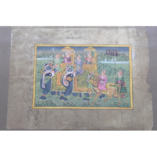 328 - MUGHAL SCHOOL. Courtly figures on two elephants, with attendants. Gouache, on a sheet of Four Annas ... 