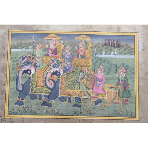 328 - MUGHAL SCHOOL. Courtly figures on two elephants, with attendants. Gouache, on a sheet of Four Annas ... 