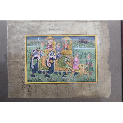 328 - MUGHAL SCHOOL. Courtly figures on two elephants, with attendants. Gouache, on a sheet of Four Annas ... 