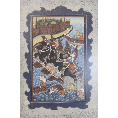 329 - MUGHAL SCHOOL.Elephants stampeding over a sinking pontoon bridge.Gouache.90cm x 19.5cm.... 