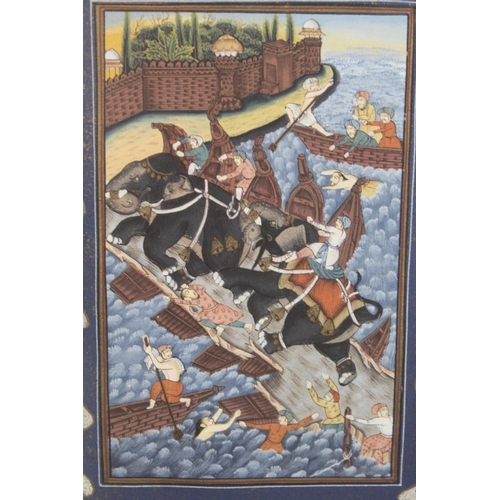 329 - MUGHAL SCHOOL.Elephants stampeding over a sinking pontoon bridge.Gouache.90cm x 19.5cm.... 