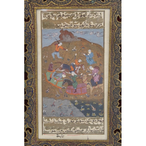 330 - MUGHAL SCHOOL. 2 gouache paintings of battle scenes, one with inscriptions, the other with decorativ... 