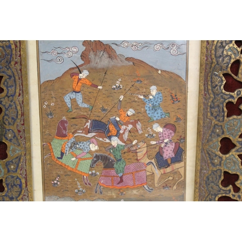 330 - MUGHAL SCHOOL. 2 gouache paintings of battle scenes, one with inscriptions, the other with decorativ... 