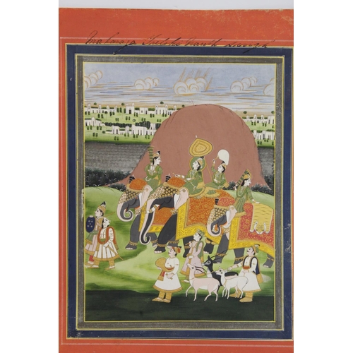 332 - MUGHAL SCHOOL.Procession with elephants passing by a stupa or sacred rock on a river bank.Gouache he... 